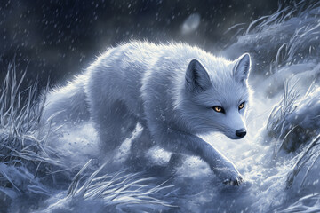 Arctic Fox Walking Through a Snowstorm with Glowing Eyes