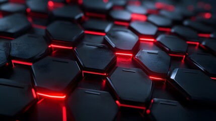 Fototapeta premium Dark futuristic hexagons background with red glow breaking out, 3d render illustration