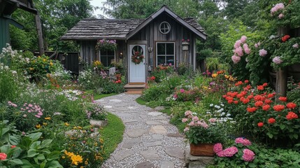 Cozy cottage with a flower-filled yard.