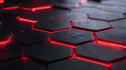Obraz premium Dark futuristic hexagons background with red glow breaking out, 3d render illustration