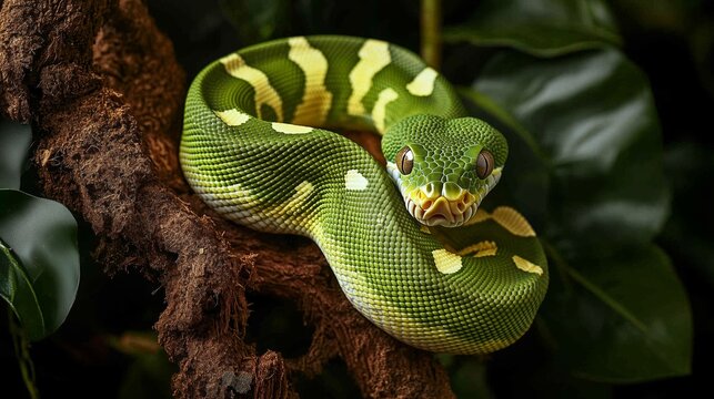 Coiled green python resting on a branch