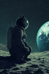 Black Cat on the Moon in Futuristic Spacesuit with Earth in View