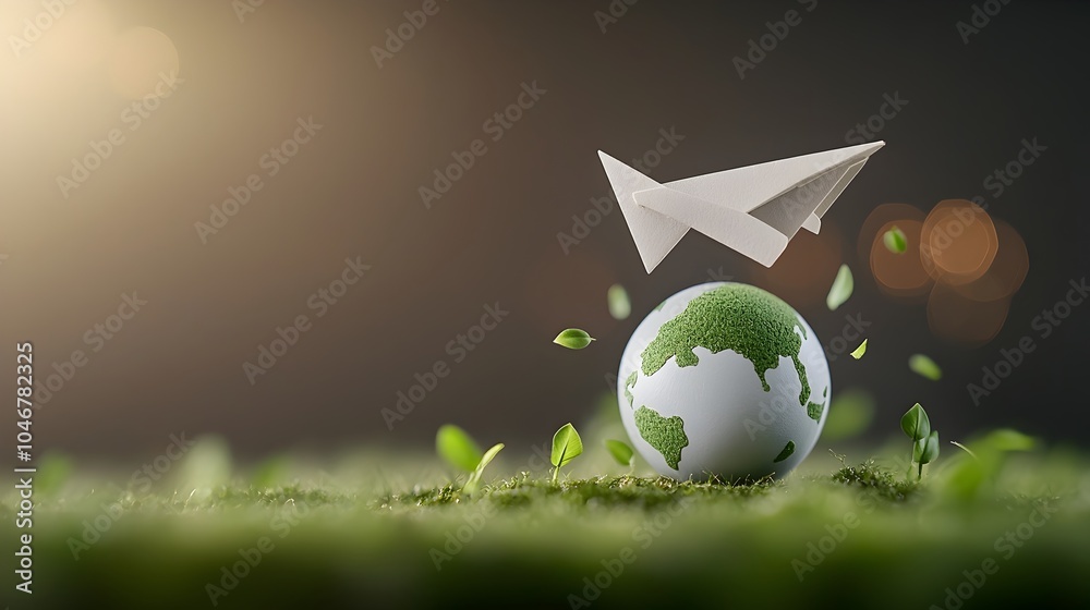 Fototapete paper airplane gracefully flying around the globe representing the concept of clean energy and susta