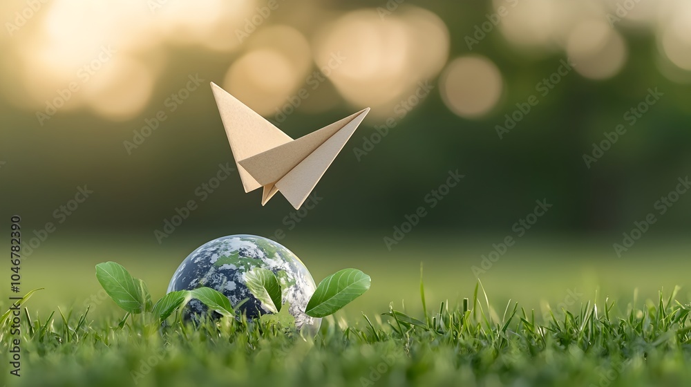 Fototapete a paper airplane gracefully soaring around the earth highlighting the concepts of clean energy and s