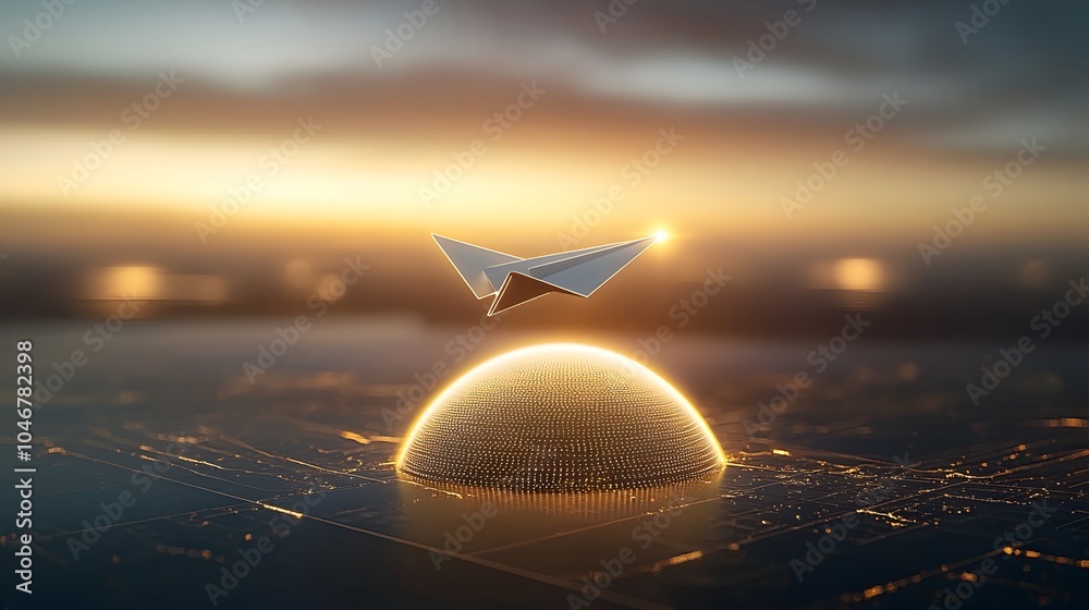 Aufkleber paper airplane flying gracefully across an illuminated globe symbolizing the innovation and potentia