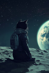 Black Cat on the Moon in Futuristic Spacesuit with Earth in View