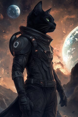 Black Cat on the Moon in Futuristic Spacesuit with Earth in View