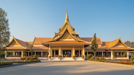 Fototapeta premium Magnificent Temple with Golden Roof and Clear Sky