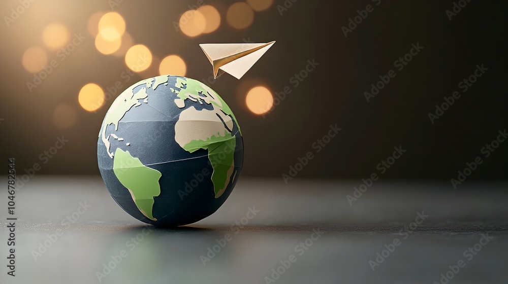 Poster glowing 3d globe with a paper airplane flying around it representing clean energy solutions and sust