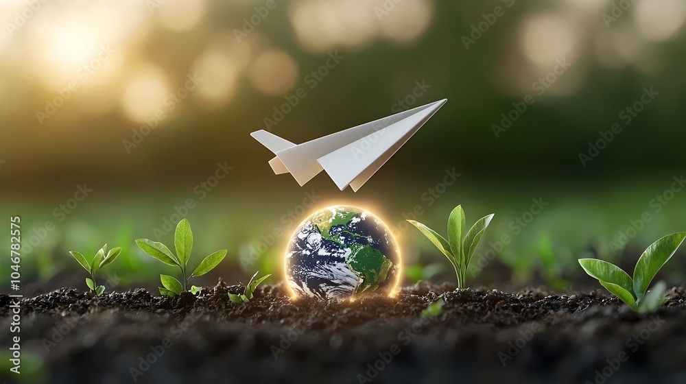 Leinwandbilder a paper airplane gracefully soaring over a glowing earth shaped sphere representing sustainable ener