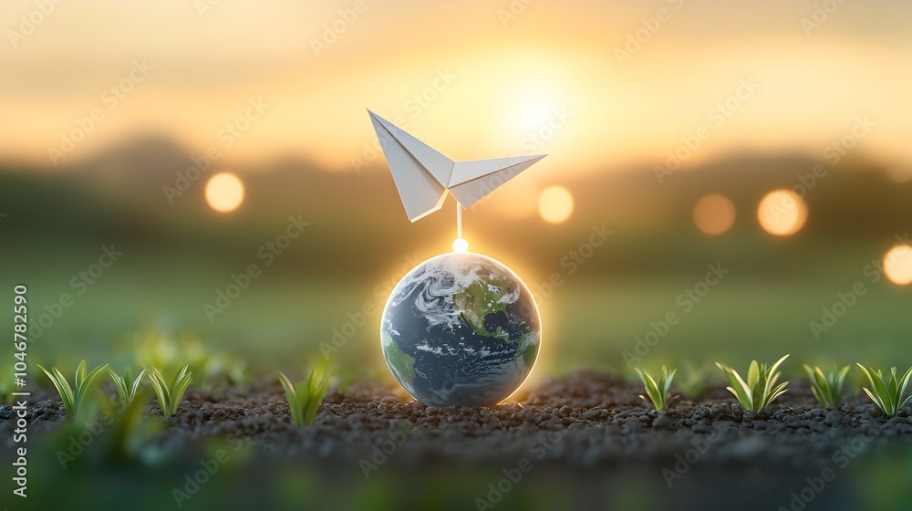 Aufkleber Paper airplane in flight over a glowing illuminated earth representing alternative energy sustainability and a hopeful vision for the future surrounded by a warm blurred bokeh effect