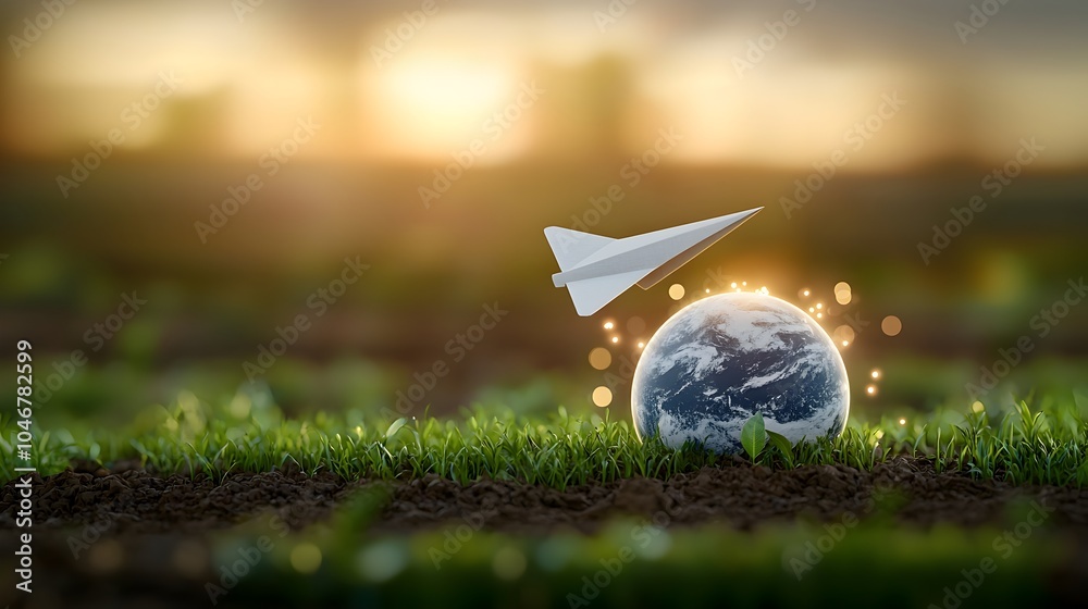Poster Paper airplane soaring over a glowing earth with a warm blurred bokeh effect symbolizing the concept of alternative energy and sustainable practices  This abstract