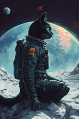 Black Cat on the Moon in Futuristic Spacesuit with Earth in View