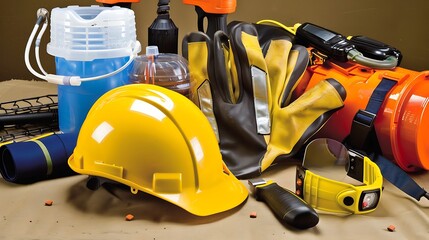 Fototapeta premium A yellow hard hat, gloves, and other safety equipment are laying on the ground. The equipment is used to protect workers from hazardous materials.