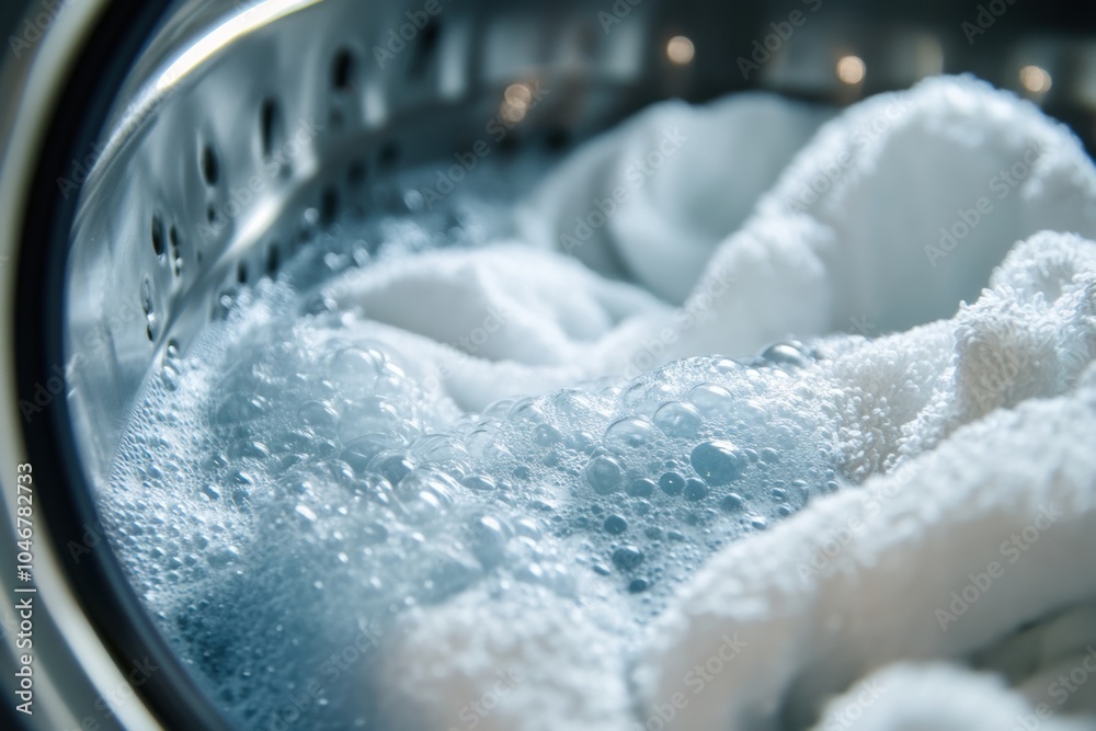 Poster a washing machine drum is filled with white towels soaking in bubbles, illustrating a typical laundr