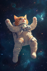 Cute Orange Cat Floating in Space with Shiny White Spacesuit