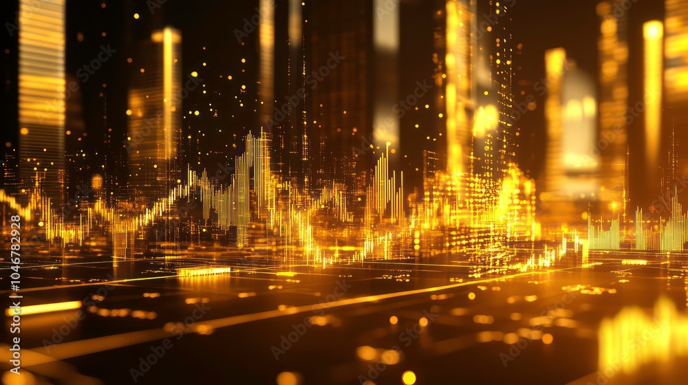 Poster abstract city skyline with glowing lines and digital data.