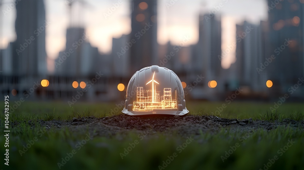 Poster close up shot of an engineer s hard hat or safety helmet placed in front of a construction site glow