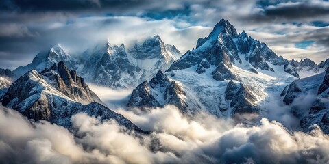 Naklejka premium Snow-covered mountains with misty atmosphere and rugged peaks, snowflakes falling, wintry landscape, snow covered mountains, rugged peaks