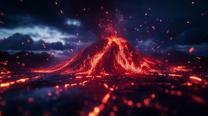 A dramatic scene of a volcano erupting against a dark sky, with glowing lava flowing down the mountain and sparks flying into the air.