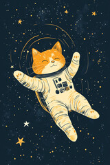 Cute Orange Cat Floating in Space with Shiny White Spacesuit