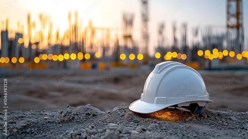 Poster An engineer s hard hat resting on a clean energy project site glowing softly with warm luminous bokeh lights that symbolize alternative energy innovation and sustainability