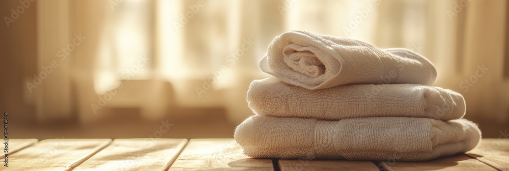 Aufkleber fluffy towels are stacked on a wooden table, bathed in soft sunlight coming through a delicate curta