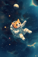 Cute Orange Cat Floating in Space with Shiny White Spacesuit