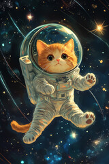 Cute Orange Cat Floating in Space with Shiny White Spacesuit