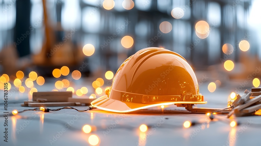 Poster Close up view of an engineer s safety helmet glowing with warm defocused lights symbolizing alternative energy and sustainable construction initiatives  The image represents modern
