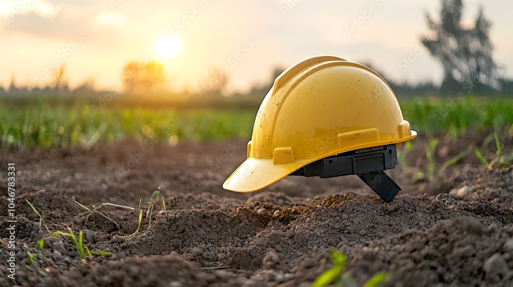 Aufkleber close up of an engineer s hard hat placed on a clean energy production site glowing softly with warm