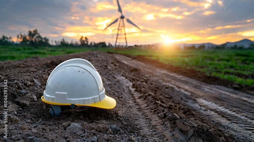 Aufkleber innovative sustainable energy project with glowing hardhat symbolizing progress and technological ad