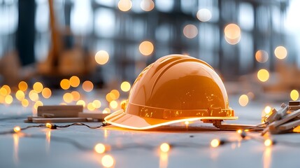 Close up view of an engineer s safety helmet glowing with warm defocused lights symbolizing alternative energy and sustainable construction initiatives  The image represents modern
