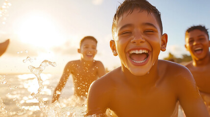 Three joyful boys playing in the ocean waves at sunset on a beautiful tropical beach, making happy summer memories with energy and laughter