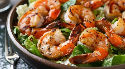 A delicious and healthy salad with grilled shrimp, fresh lettuce, and a tangy dressing. This salad is perfect for a light lunch or dinner.
