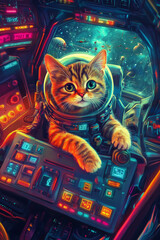 Mischievous Tabby Cat in a Glowing Spaceship Cockpit with Space Helmet
