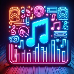 A neon sign depicting a music note and equalizer bars against a dark brick wall background