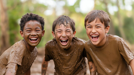 Three young boys covered in mud are laughing hysterically while playing outside on a summer day