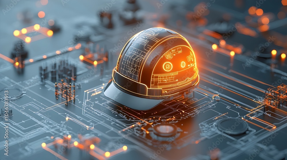 Aufkleber Close up of a glowing engineer s helmet surrounded by soft warm bokeh light symbolizing clean energy and futuristic construction concepts  The image depicts a high tech innovative