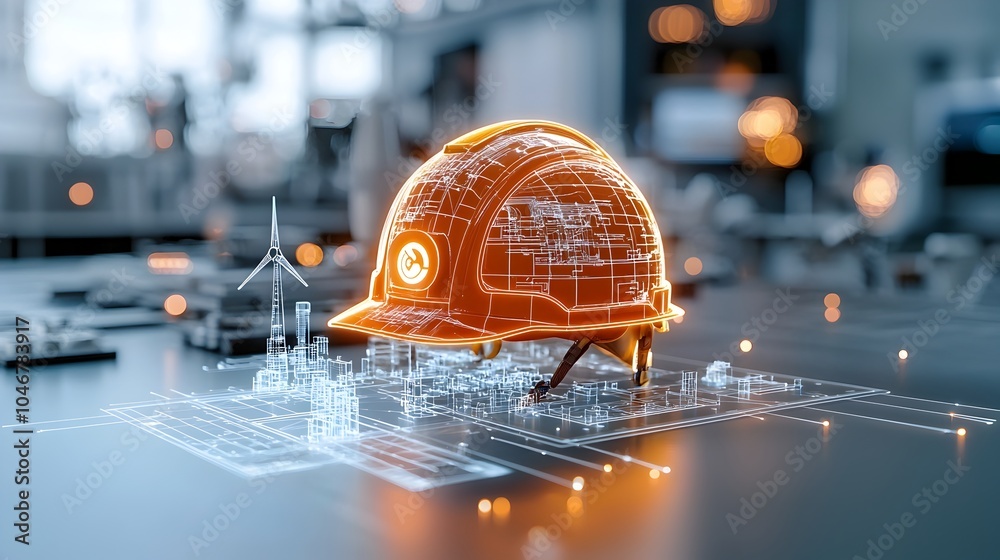 Aufkleber Close up of a glowing engineer s helmet surrounded by soft warm bokeh light symbolizing the concept of clean energy and futuristic construction methods in the industrial and technological sectors