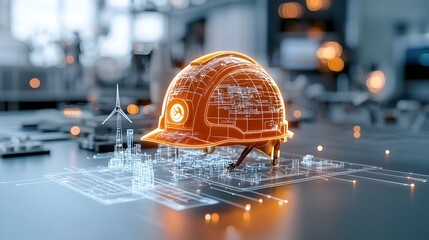 Close up of a glowing engineer s helmet surrounded by soft warm bokeh light symbolizing the concept of clean energy and futuristic construction methods in the industrial and technological sectors