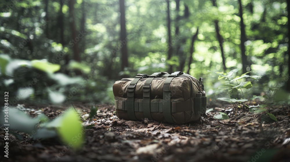 Wall mural a tactical pouch filled with outdoor gear, resting on a forest floor, symbolizing adventure