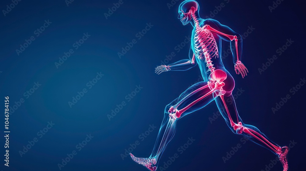 Poster A 3D rendering of a human skeletal system running, isolated on a blue background. The bones are highlighted with a bright blue and red glow.
