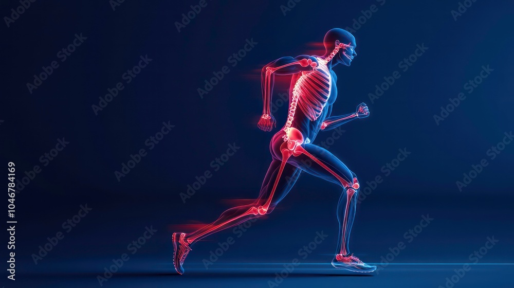 Poster A skeletal figure of a runner in motion with highlighted joints in red against a dark blue background.