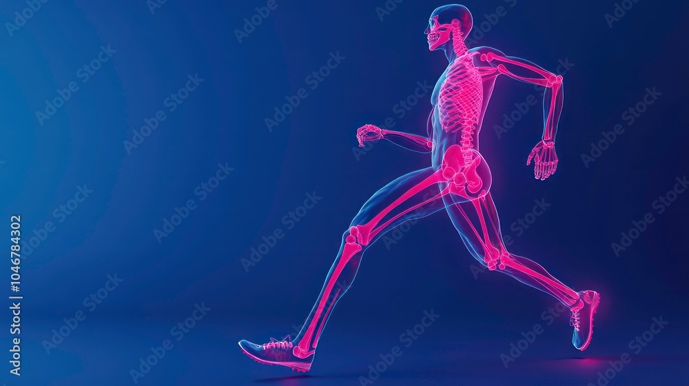 Poster A 3D rendering of a human skeleton running with glowing joints.