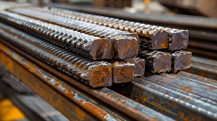 Close-up of a stack of rusty rebar. The rebar is used to reinforce concrete and is made of steel. The stack is about 4 feet tall and 3 feet wide.