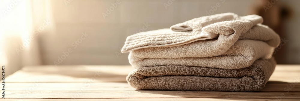 Leinwandbilder a stack of soft, neatly folded towels rests on a wooden table, illuminated by warm sunlight filterin
