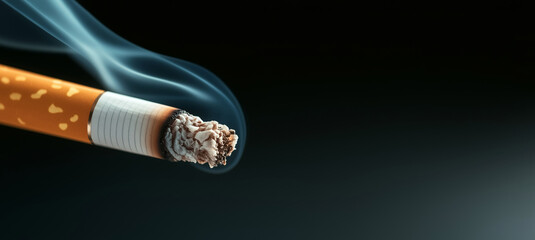 Close-up shot of burning cigarette on dark background, emphasizing smoking risks and urging to break the harmful habit. Visible toxic nicotine and tobacco, highlighting the dangers