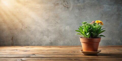 Still life composition of a tabletop with a flower pot