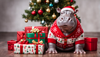 Naklejka premium Hippo MOODENG dressed in red Santa suit carrying or sitting next to gifts or under a decorated Christmas tree. generative ai.